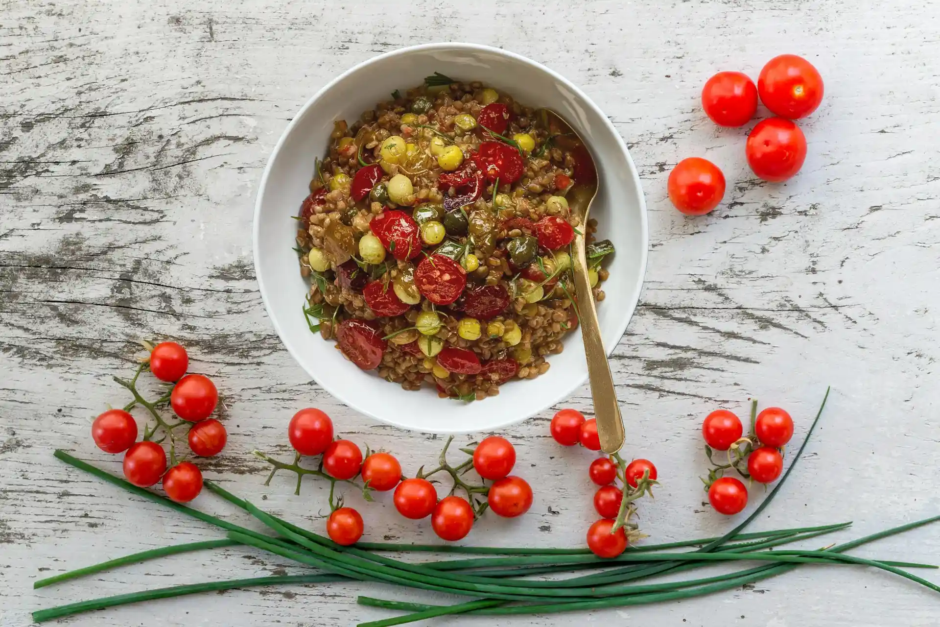 Healthy sun-dried tomato, olive, and lentil salad – a nutritious, vegan, and Ayurvedic dish for a refreshing, wholesome meal.